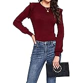 Women's Ruffle Long Sleeve Sweaters Crew Neck Lightweight Sweater Fall Trendy Ribbed Knit Pullover Tops
