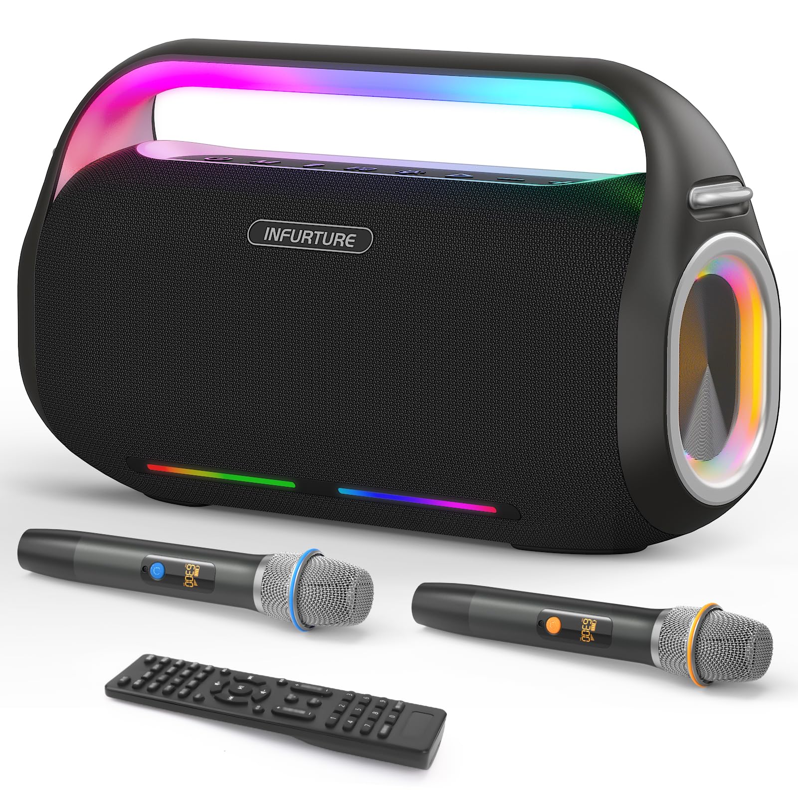 Photo 1 of Karaoke Machine, 350W Portable Bluetooth Speaker with 2 Wireless Microphones, 15H Playtime, with TWS System/EQ/Deep Bass, Supports TF Card/USB, AUX in for Camping Party/Wedding Party/Beach Party
