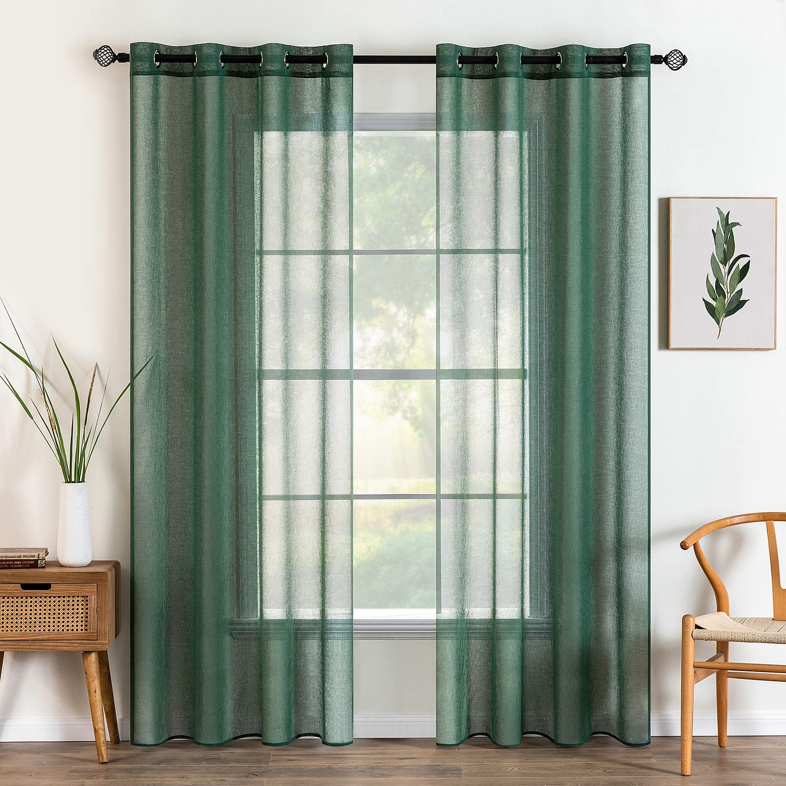 MIULEE 2 Panels Sheer Window Curtains Elegant Window Voile Panels Drapes Treatment for Bedroom Living Room 55" Wx110 L Grommet Top Dark Green — image 1