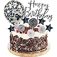 Cafurty Black Happy Birthday Cake Topper Set 11 PCS Acrylic Topper Confetti Balloon Cool Stars Paper Fans Cupcake Picks Cake Decorations Supplies for Dad Man Party Decorations