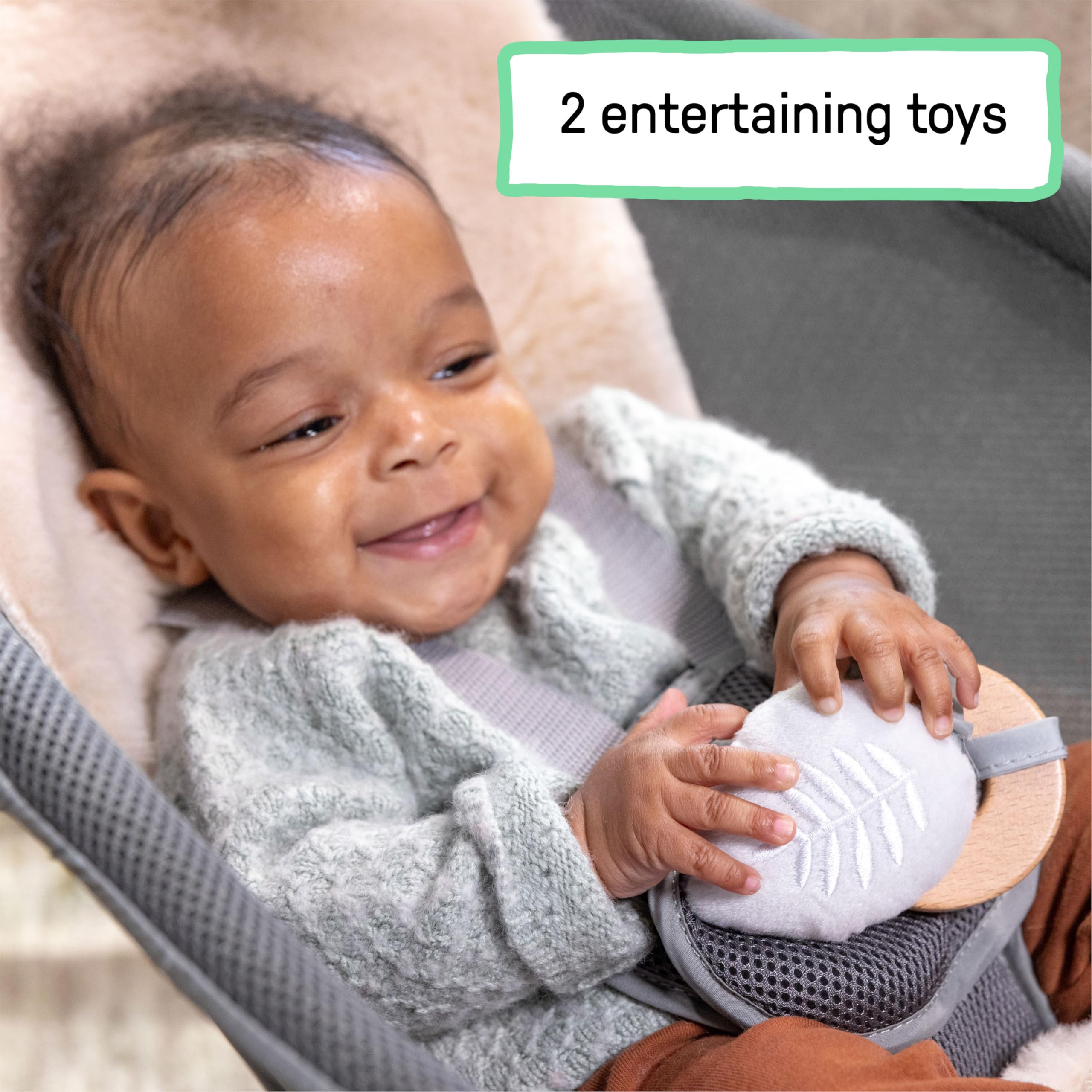 Ingenuity Every Season 2-in-1 Baby Rocker & Seat - Cooling and Warming Fabrics, Detachable Sustainable Wooden Activity Bar, Music, Vibration, for Ages 0-30 Months, Wesley (Grey)