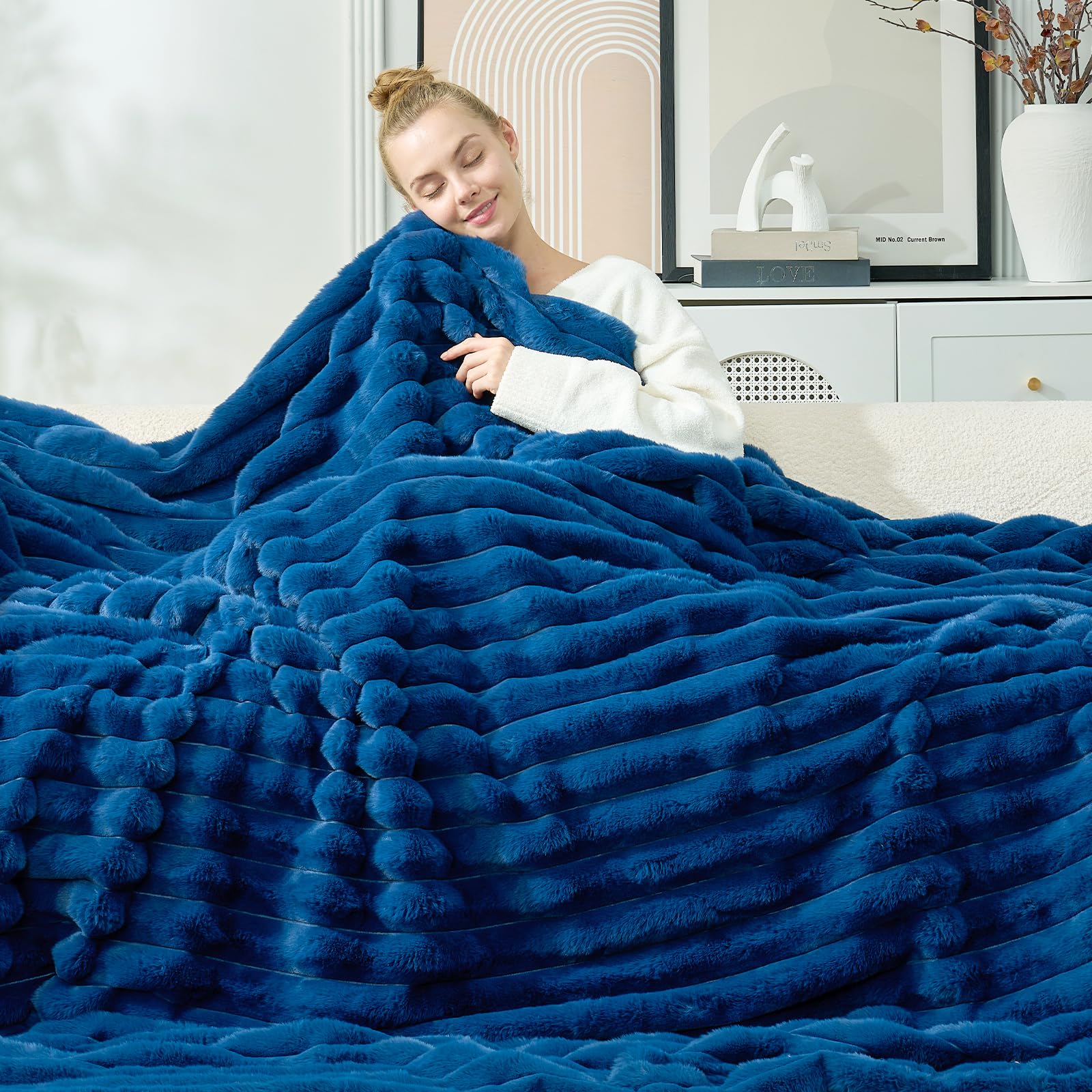 Photo 1 of Cozy Bliss Faux Fur Throw Blanket for Couch, Cozy Warm Plush Striped Blanket for Sofa Bedroom Living Room, 90 * 90 Inches Navy Blue
