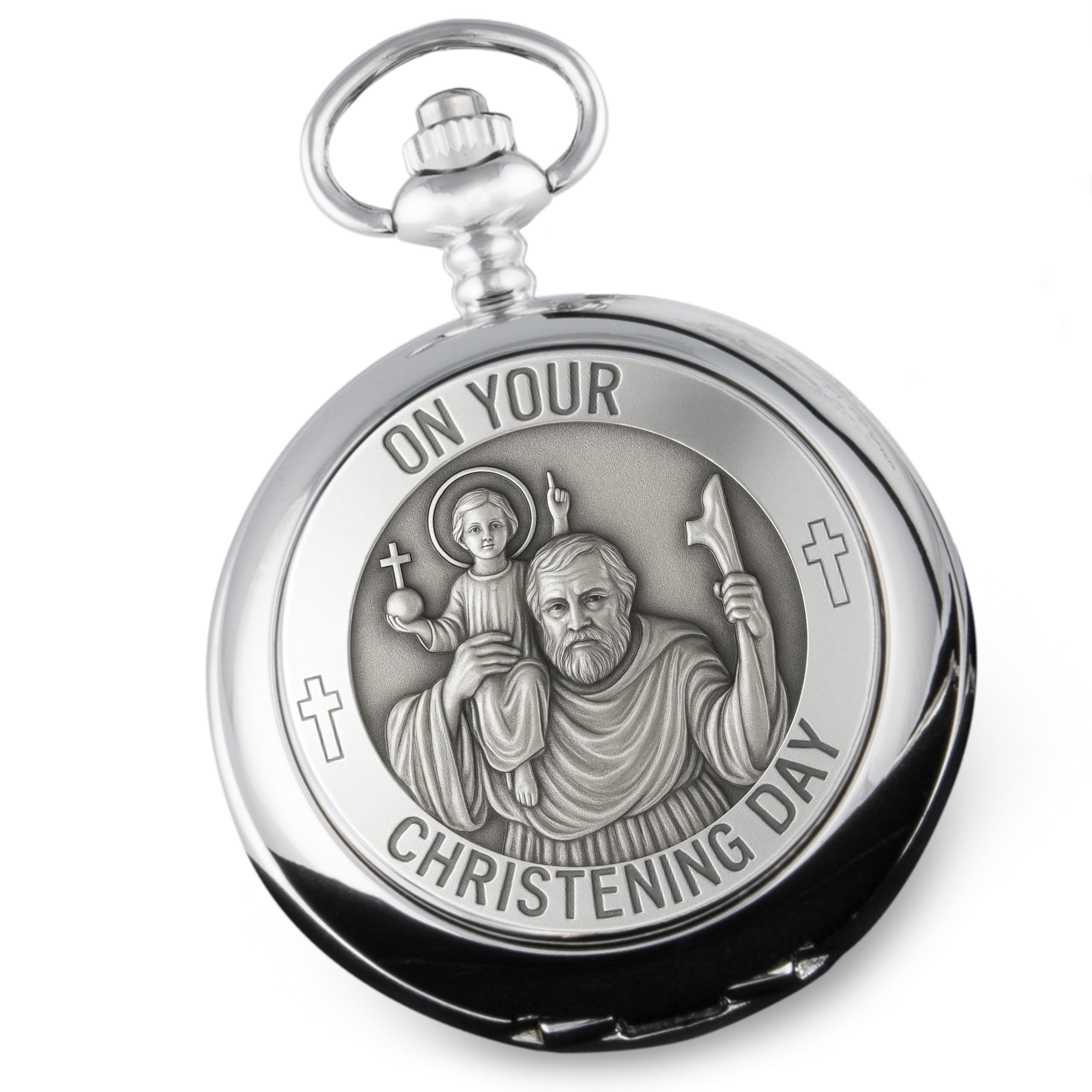 De Walden Unique Boy's Christening St Christopher Pewter Front Pocket Watch Gift Idea