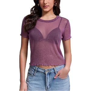 Women's Mesh Top Sheer Short Sleeve Crew Neck See Through Glitter Shirt Crop Blouse for Concert Party
