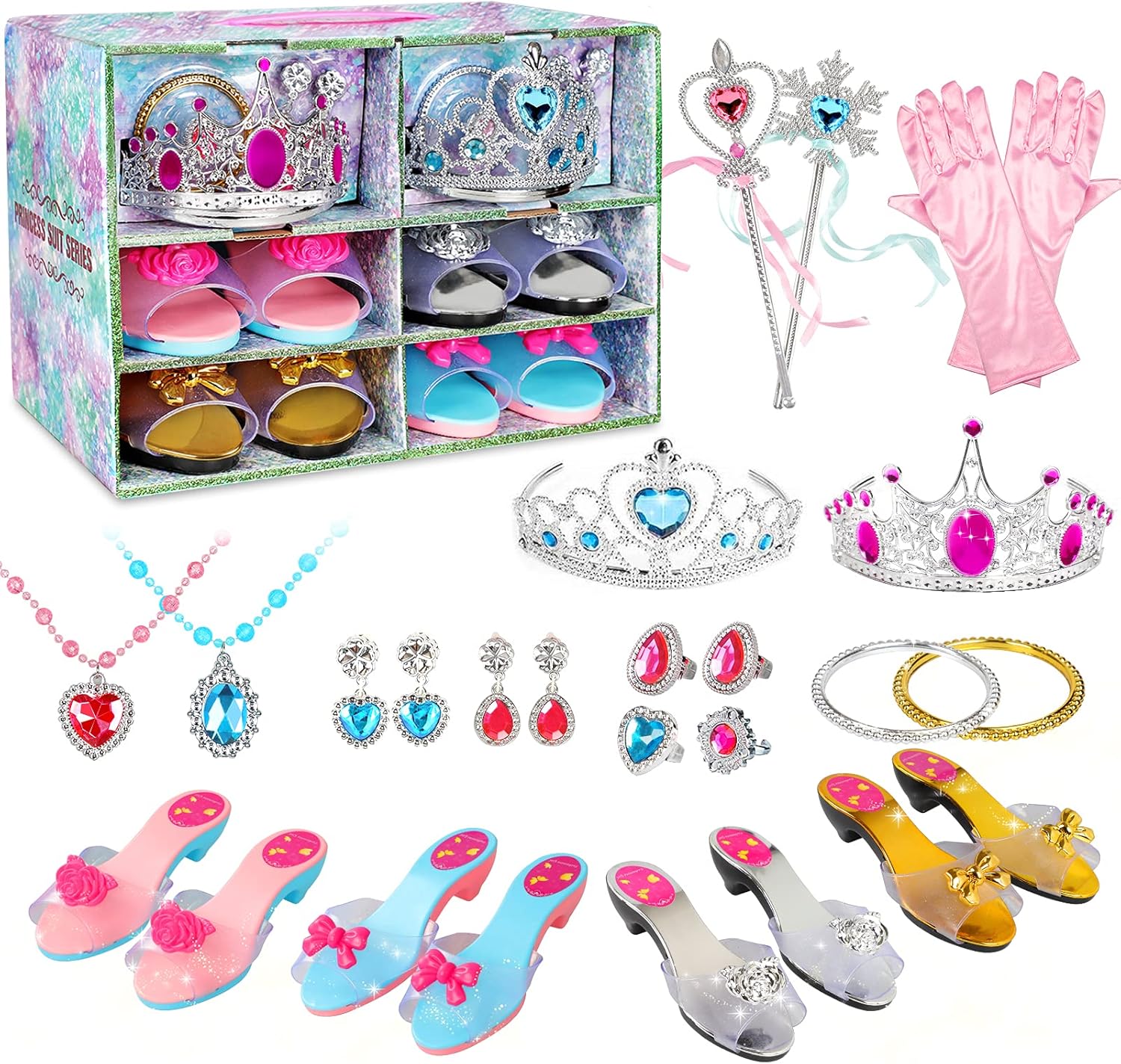 HOMOFY Princess Dress Up Shoes and Jewelry Boutique Princess Role Play 4 Pairs of Play Shoes Tiara and Jewelry Accessories Gift for Girl Aged 3,4,5,6 Years Old: Toys & Games