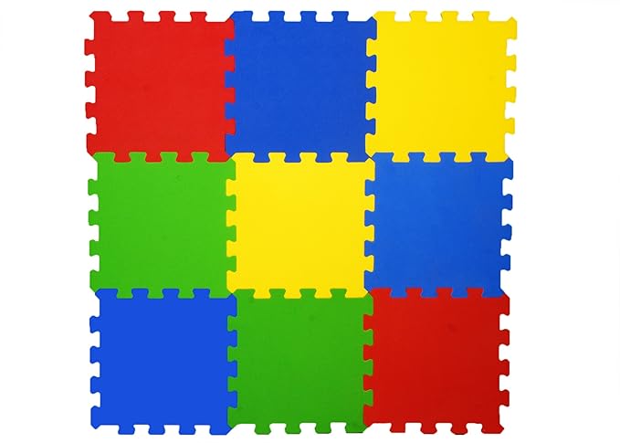 Ultimate EVA Foam Interlock Play Mats (Red, Yellow, Blue and Green, 12x12x14 mm) - Pack of 9