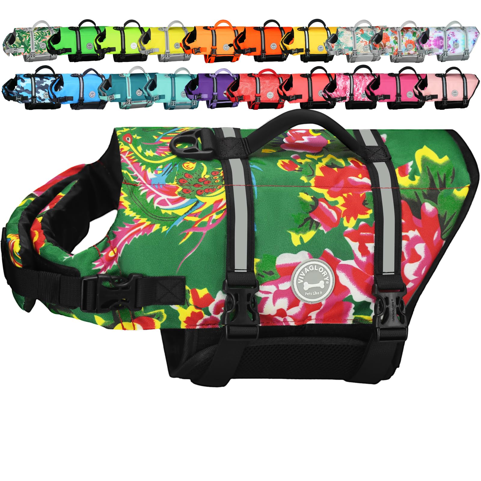 VIVAGLORY Rip Stop Dog Life Jacket, Buoyancy Aid with Handle, Buoyancy for Doggy, Dog Life Jacket for Swimming & Boating, XL, Northeast Florals-Green