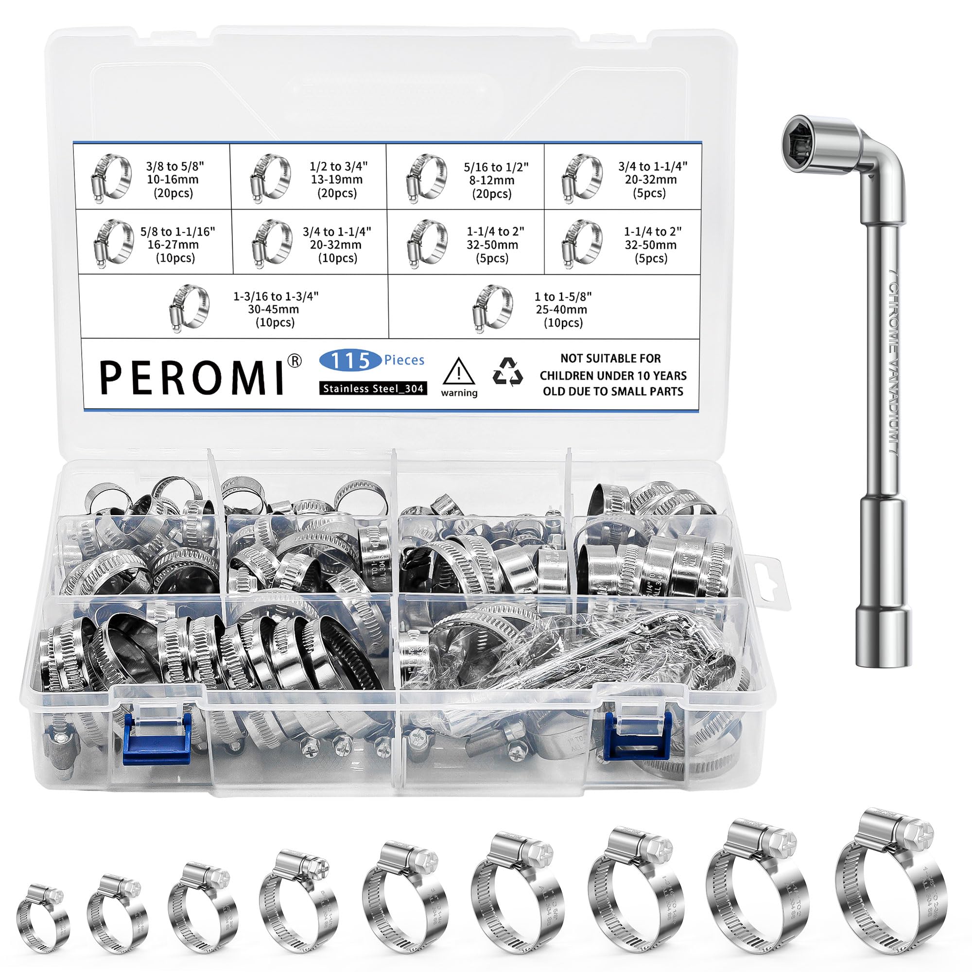 Photo 1 of 115pcs Heavy Duty Hose Clamps Set, 304 Stainless Steel Worm Gear Drive Hose Clamp Metal Fuel Line Pipe Clamp for Plumbing, Automotive And Mechanical Application