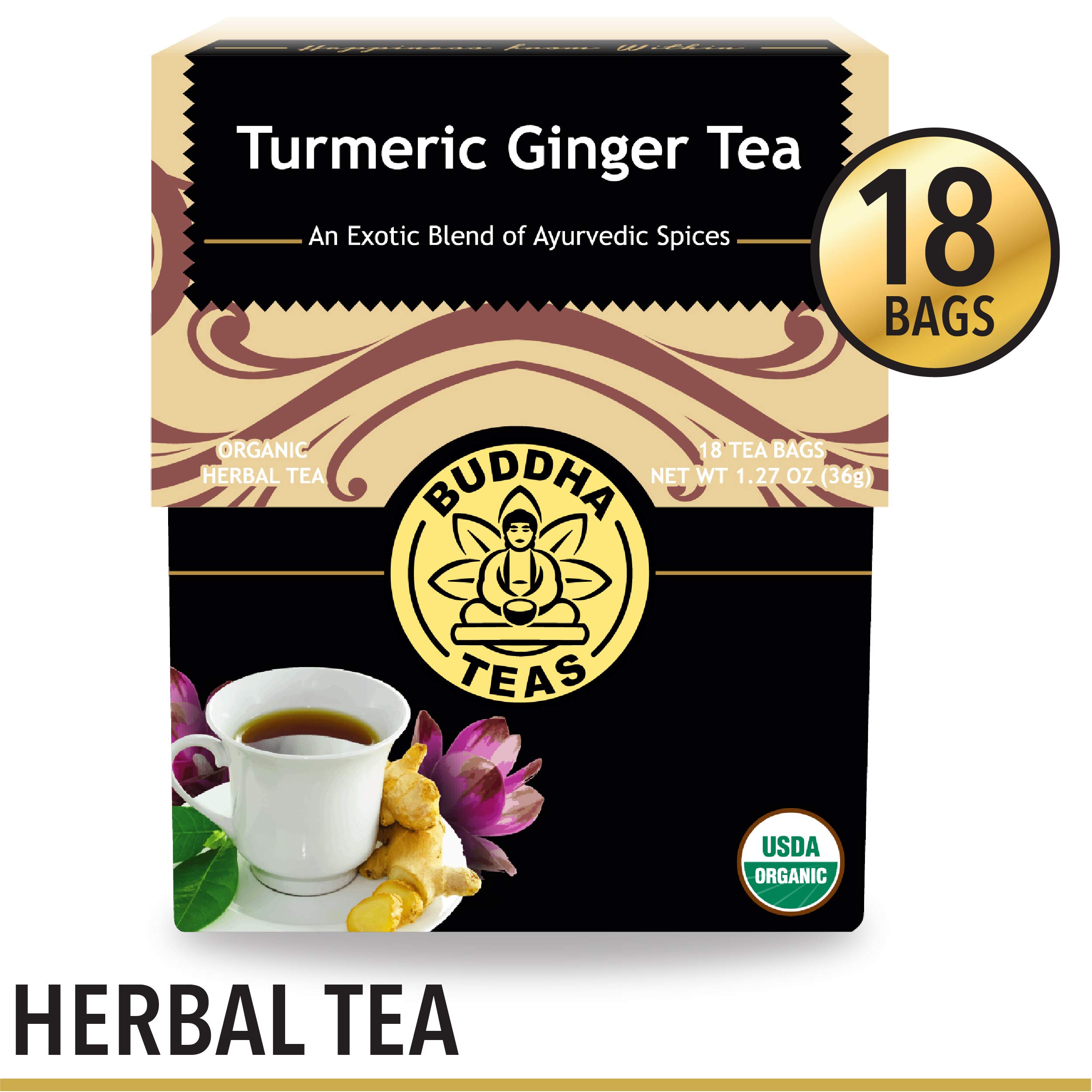 Organic Turmeric Ginger Tea Kosher, CaffeineFree, GMOFree 18 BleachFree Tea Bags Buy