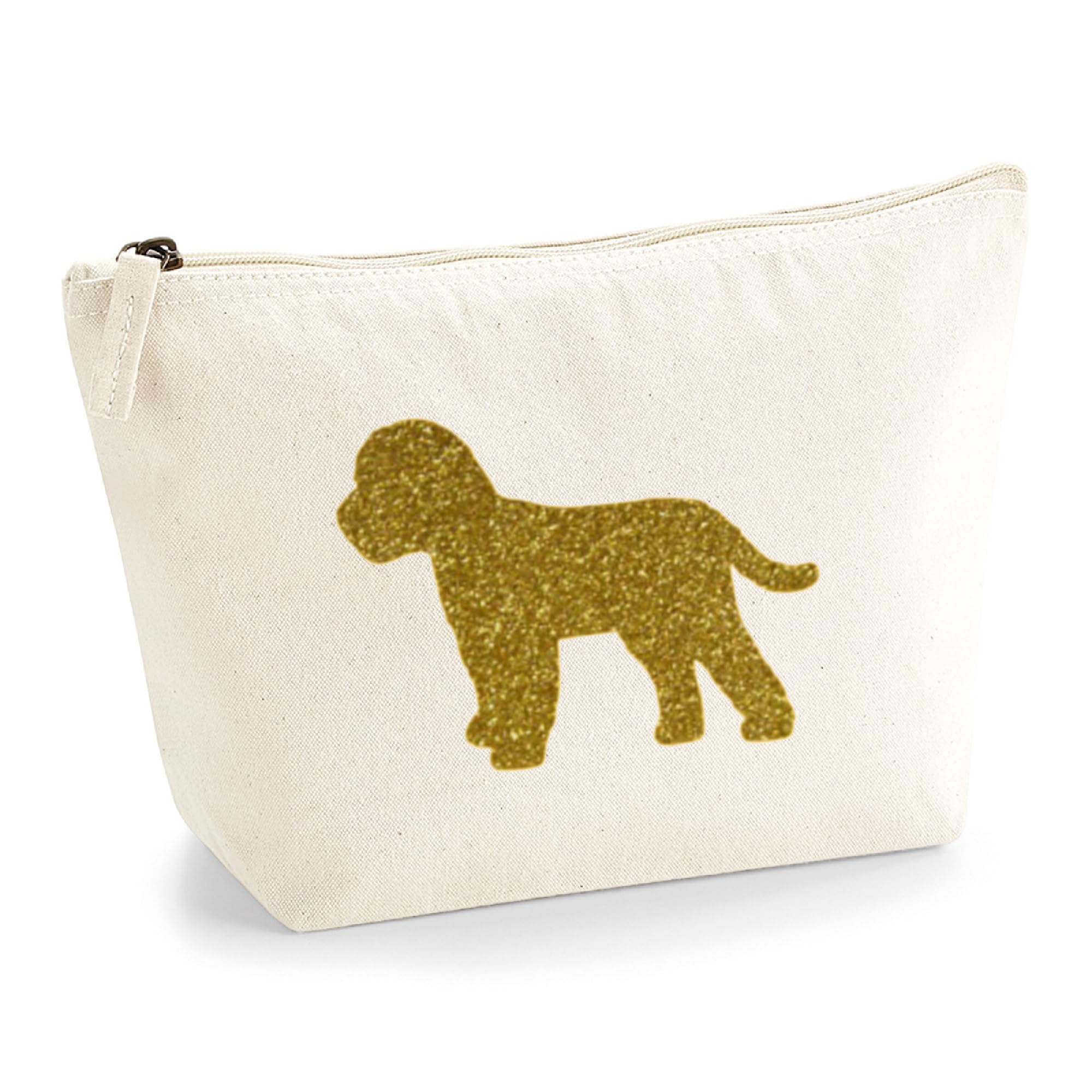 Cockapoo Cosmetic Bag – Natural Cotton Makeup Pouch with Gold Glitter Dog Design – Gift for Cockapoo Lovers – Zippered Storage Bag for Toiletries, Beauty Essentials & Travel