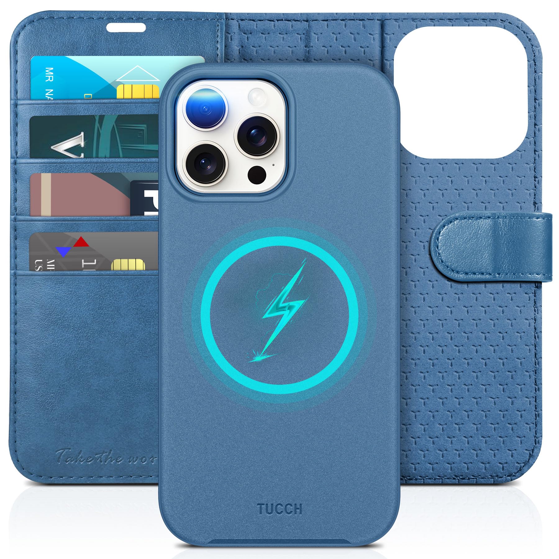 TUCCH Wallet Case for iPhone 15 Pro Max (6.7"), [Removable] 2-in-1 Stand RFID Blocking[Card Holders][Wireless Charging] Protective Magnetic PU Leather Detachable Folding Stand Folio Cover, Lake Blue