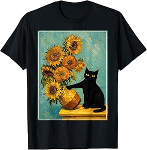 Funny Cat Graphic Tee Van Gogh Art Sunflower Men Women T-Shirt