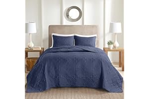510 DESIGN Oakley Reversible Quilt Set - Luxe Stitching Design, All Season, Lightweight Coverlet Bedspread Bedding, Matching Shams, Oversized Full/Queen(102"x118"), Medallion Navy 3 Piece