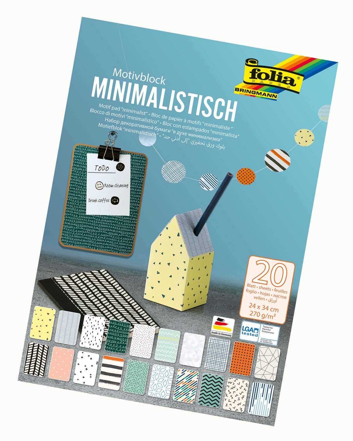 folia 48849 Minimalist Design Pad 270 g/m² Approx. 24 x 34 cm 20 Sheets Assorted in 20 Different Designs for Crafts and Creative Design of Cards, Window Pictures and Scrapbooking