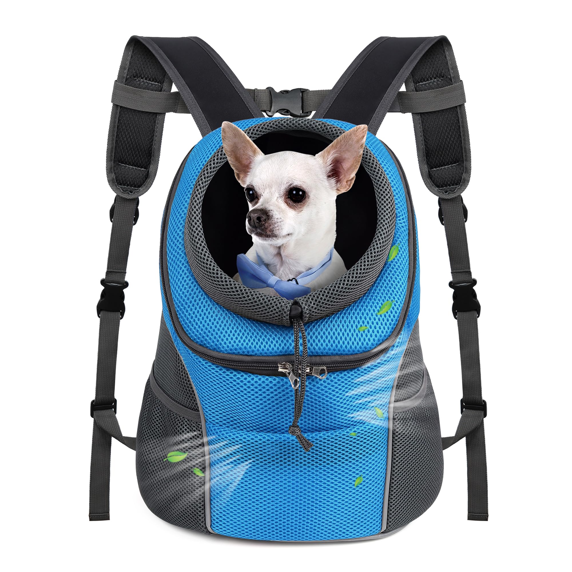 Photo 1 of WOYYHO Pet Dog Carrier Backpack Small Dog Front Backpack Ventilated Dog Carrier Back Pack with Storage Pockets, Adjustable Straps & Safety Belt for Travel Hiking Outdoor (Size S: 2-4.5 lbs, Blue)