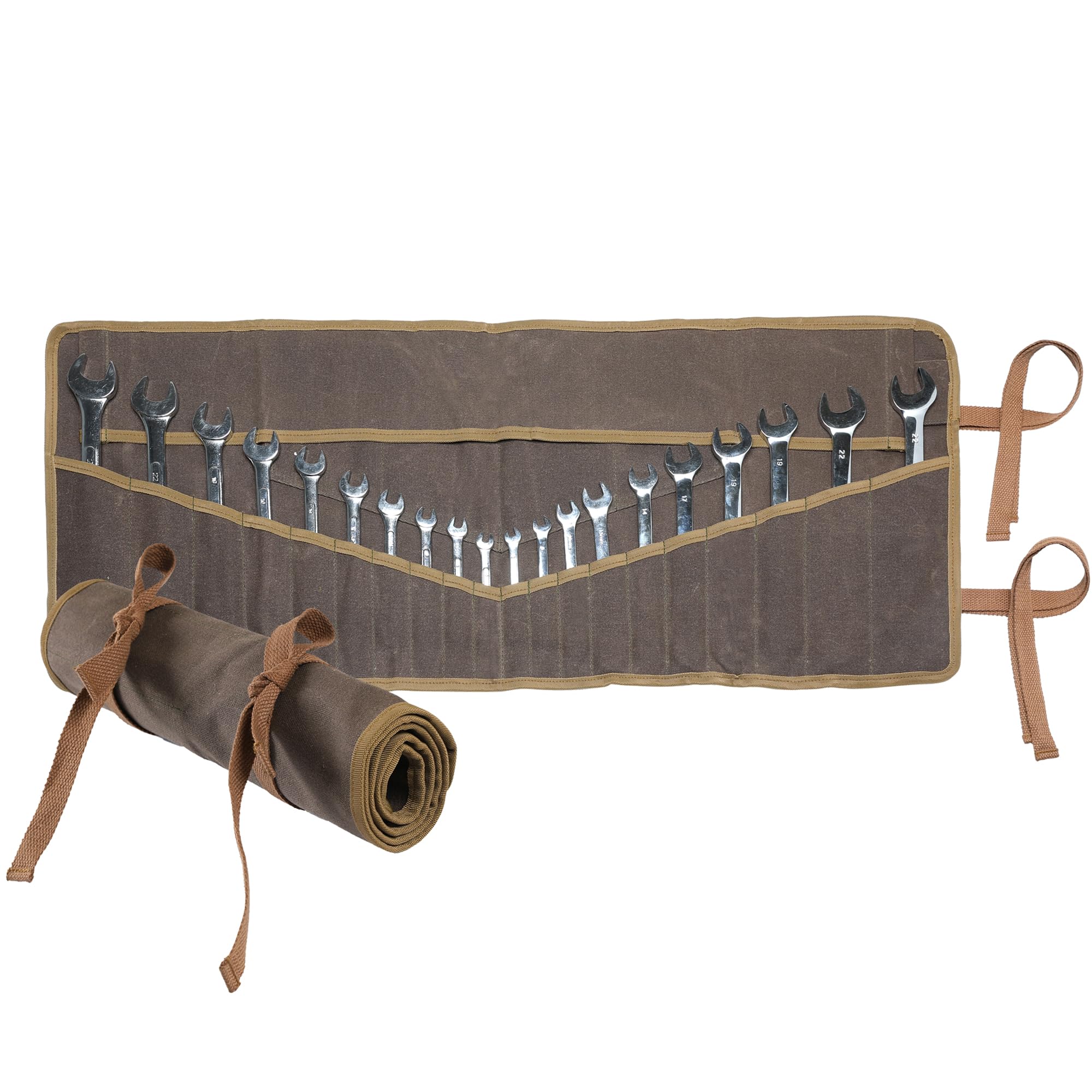 Tool Roll Up Bag, Heavy Duty 16oz Waxed Canvas Wrench Storage Roll for Metric & SAE Wrenches - with 20+4 Slots & Canvas Straps | Grey | 84 x 34cm