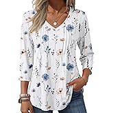 Zeagoo 3/4 Length Sleeve Womens Tops Casual V Neck Pleated Top Boho Floral Blouses Work Shirts