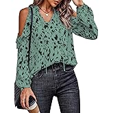IFFEI Womens Long Sleeve Shirts Dressy Casual Leopard Print Tops Cold Shoulder Ruffle V Neck Loose Fit Blouses