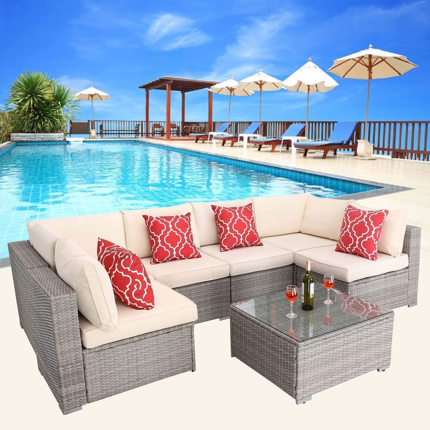 Run Se Outdoor Patio Furniture Wicker Sofa Sectional Outdoor All Weather Bistro Set With 2 Pillows And Coffee Table Beige Amazon Ca Patio Lawn Garden