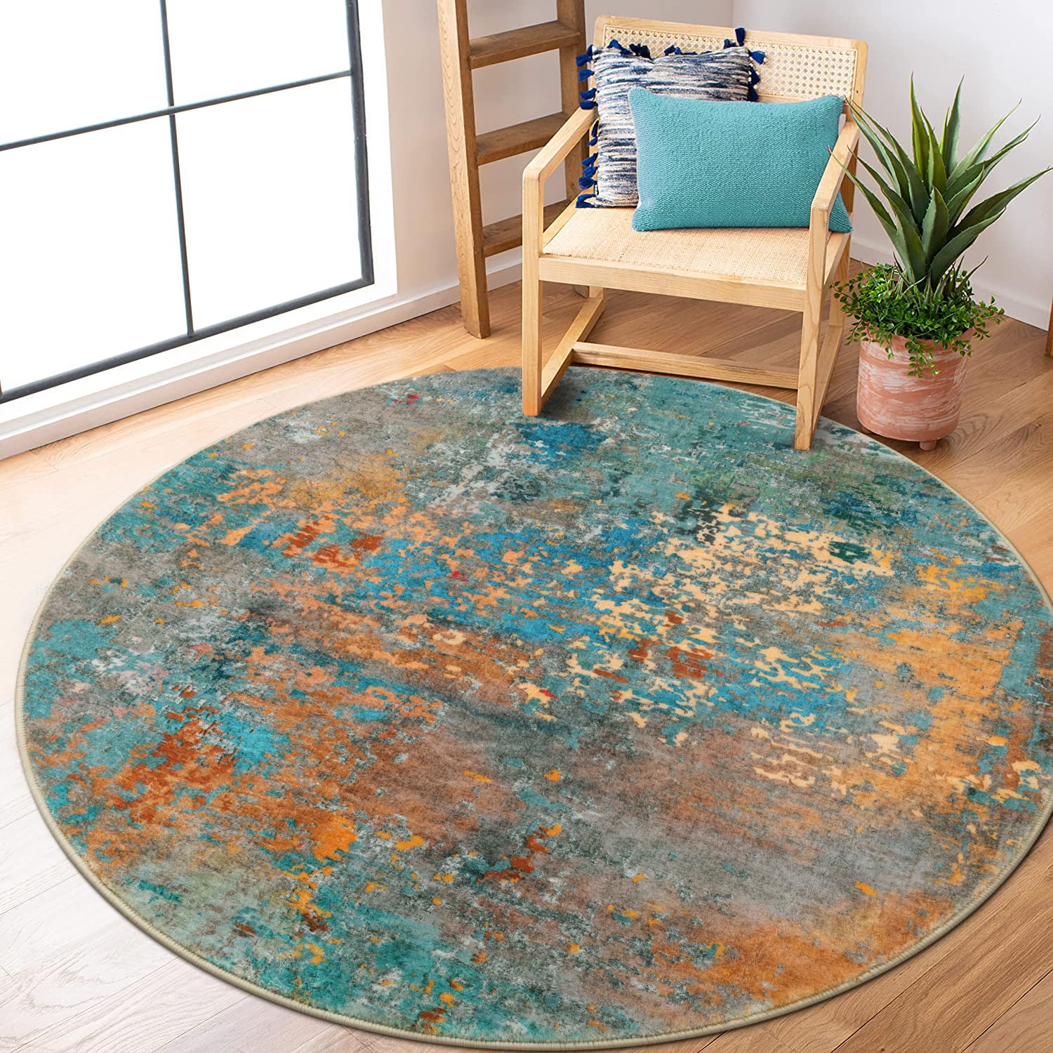 Photo 1 of Lahome Modern Abstract Round Rug 5Ft - Colorful Washable 5x5 Circle Rugs for Living Room Bedroom Non Slip, Soft Indoor Floor Carpet for Dining Table Bathroom Nursery Dorm Decor