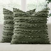 MIULEE Boho Linen Striped Throw Pillow Covers 18x18, Dark Olive Green | Set of 2, Farmhouse Jacquard, Decorative Cushion Cove