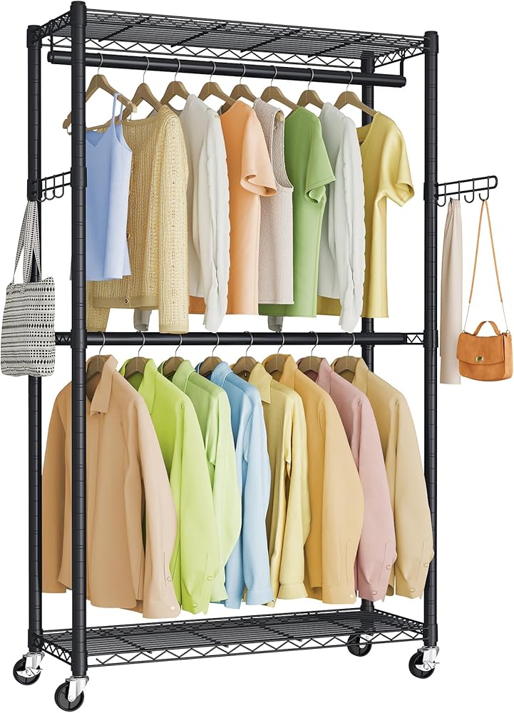 SONGMICS Heavy-Duty Rolling Clothes Rack, Garment Rack, Portable Closet on Wheels, with Adjustable Mesh Shelves and Hanging R