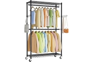 SONGMICS Heavy-Duty Rolling Clothes Rack, Garment Rack, Portable Closet on Wheels, with Adjustable Mesh Shelves and Hanging R