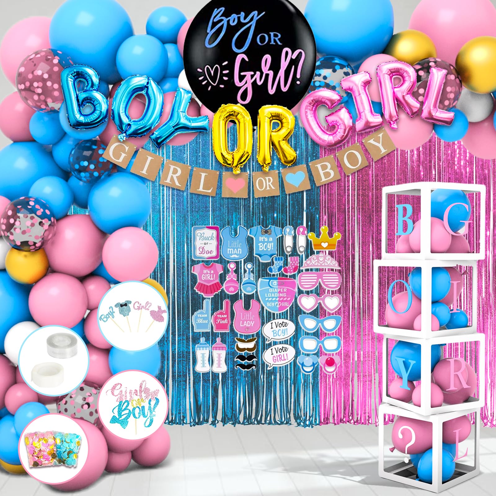 Photo 1 of 191pcs Pink Blue Gender Reveal Decorations, Boy or Girl Gender Reveal with Balloon Arch Kit, Baby Boxes, Fringe Curtains, Photo Props, Cake Copper