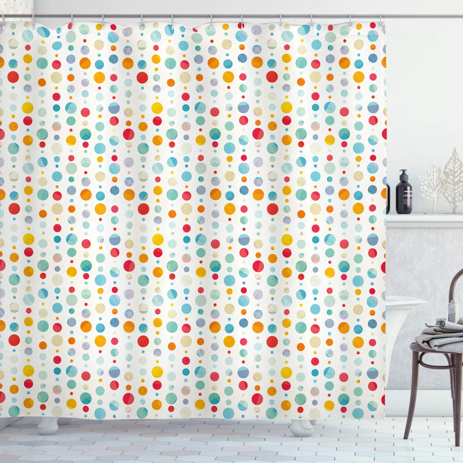 ABAKUHAUS Abstract Shower Curtain, Colorful Circular Large Dots Bubble Happy Hipster Kids Nursery Fun Print, Cloth Fabric Bathroom Decor Set with Hooks, 94 Inches, Multicolor