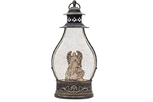 Vita Domi Antique Bronze 14" Holy Family With Angel Protection Nativity Lighted Water Lantern Snow Globe With Swirling Glitter
