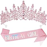 COCIDE BIRTHDAY GIRL Sash for Women Happy Birthday Sashes and Crowns for Girls Crystal Tiaras for Princess Pink Party Decoration for Gift Headband Supplies Accessories Favors
