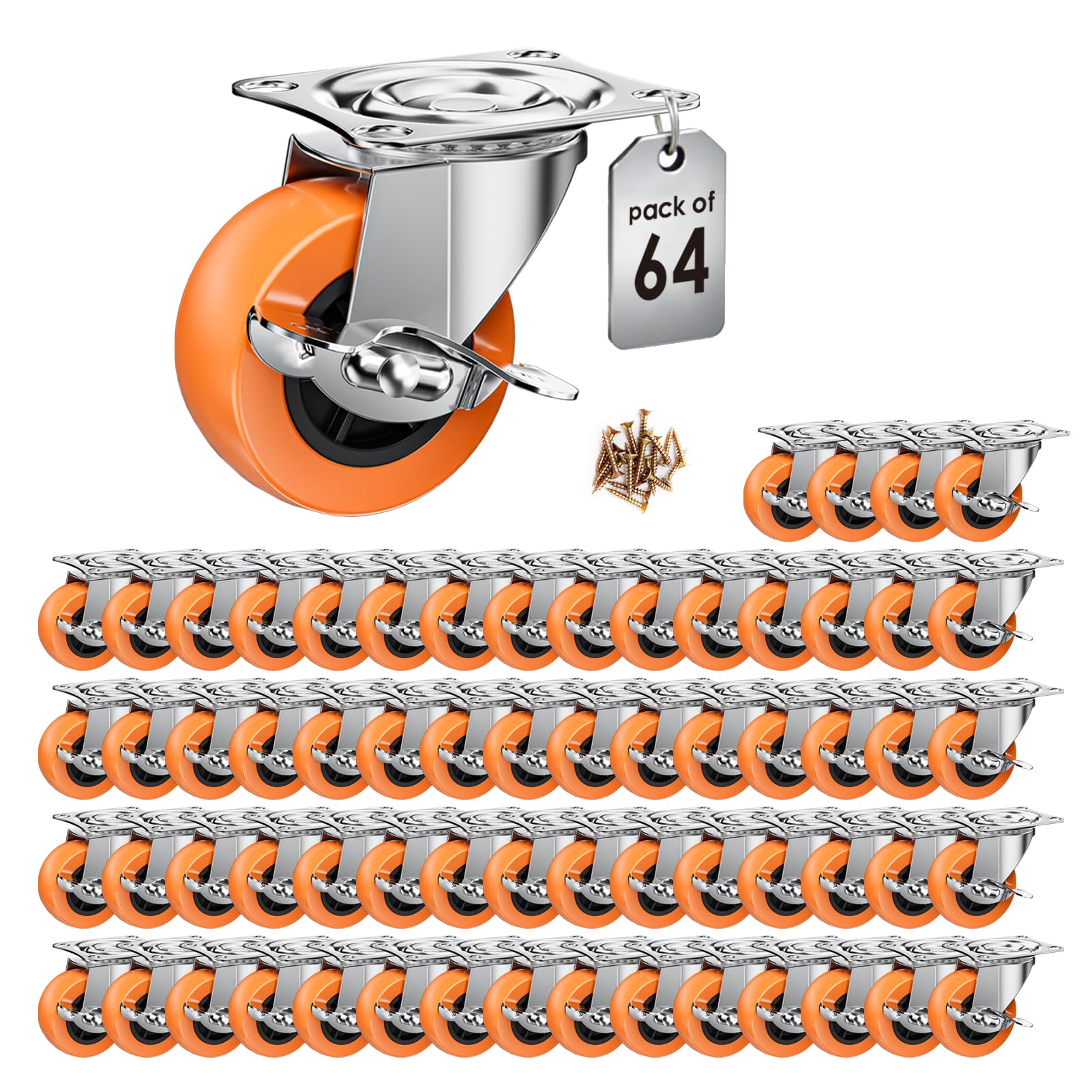 1.5 Inch Casters, ASHGOOB Caster Wheels with Side Brake, Locking Casters Set of 64, Industrial/Furniture Swivel Plate Caster Wheels for Workbench and Carts, Orange Polyurethane (PU) Castors (64 Pack) Image