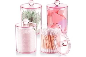 XIPENGKEJI 4 Pack Qtip Holder, Apothecary Jars Cotton Ball Holder Dispenser, Bathroom Jars with Lids Set for Cotton Round, Cotton Swab, 10oz Plastic Canisters Restroom Bedroom Vanity Organizer (Pink)