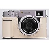Camera Case for Fujifilm X100VI,UChandmade Genuine Leather Camera Half Case for Fujifilm X100VI - Top Layer Cowhide Body Metal Base Plate Hand Shank 3-in-1 Design (Creamy White)