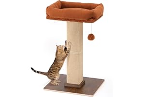 FUKUMARU Cat Scratching Post, Retro-Style Tall Scratch Posts with Perch for Infoor Cats Adults, Large Cat Scratcher Tower with Bed, Natural Sisal & Solid Wood