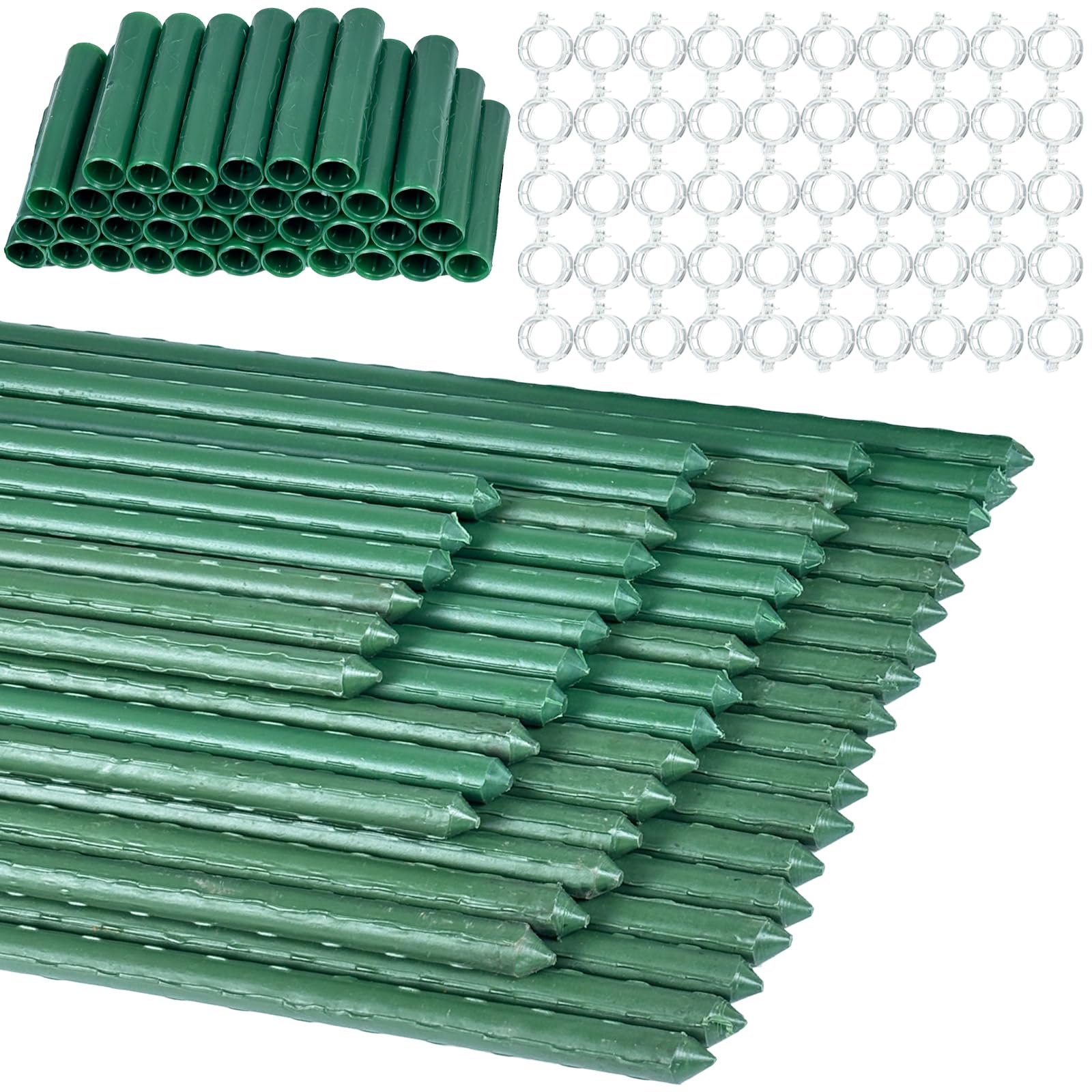 50PCS Green Garden Plant Stakes,11mm x 40cm Plastic Coated Steel Tubes Garden Canes for Plants with 36 Connectors and 50 Clear Clips,Sturdy Garden Poles for Supporting Vegetables Flowers Tomatoes（有专利）