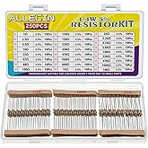 ALLECIN 25 Values 1/4W Resistor Kit From 1 Ohm to 1M Ohm 1/4 Watt 5% Carbon Film Resistors Assortment