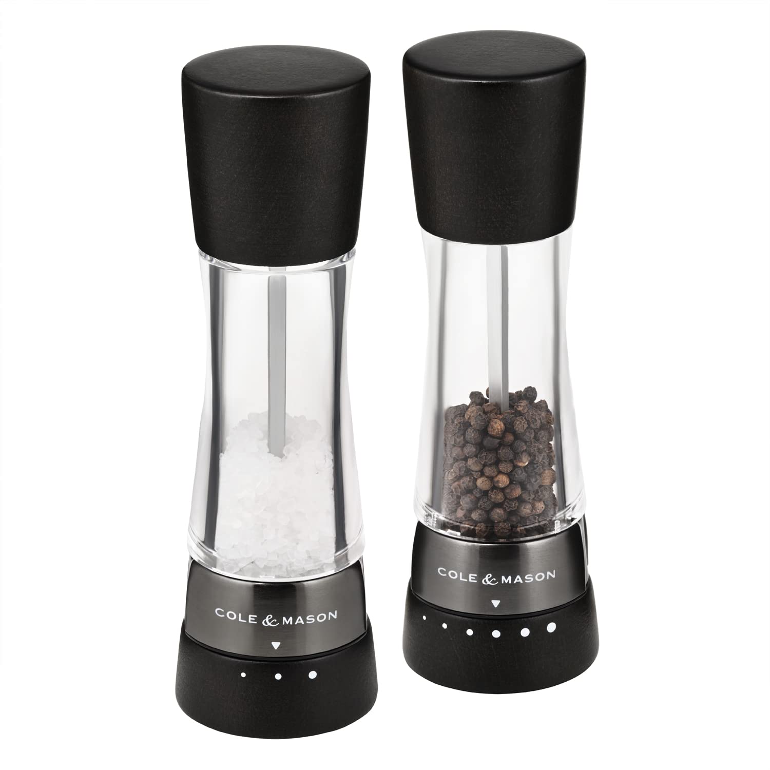 Cole & Mason Derwent Black Wood Salt and Pepper Mills, Gourmet Precision+, Adjustable Grind, Stained Beech/Acrylic, 190 mm, Gift Set, Includes 2 x Salt and Pepper Grinders
