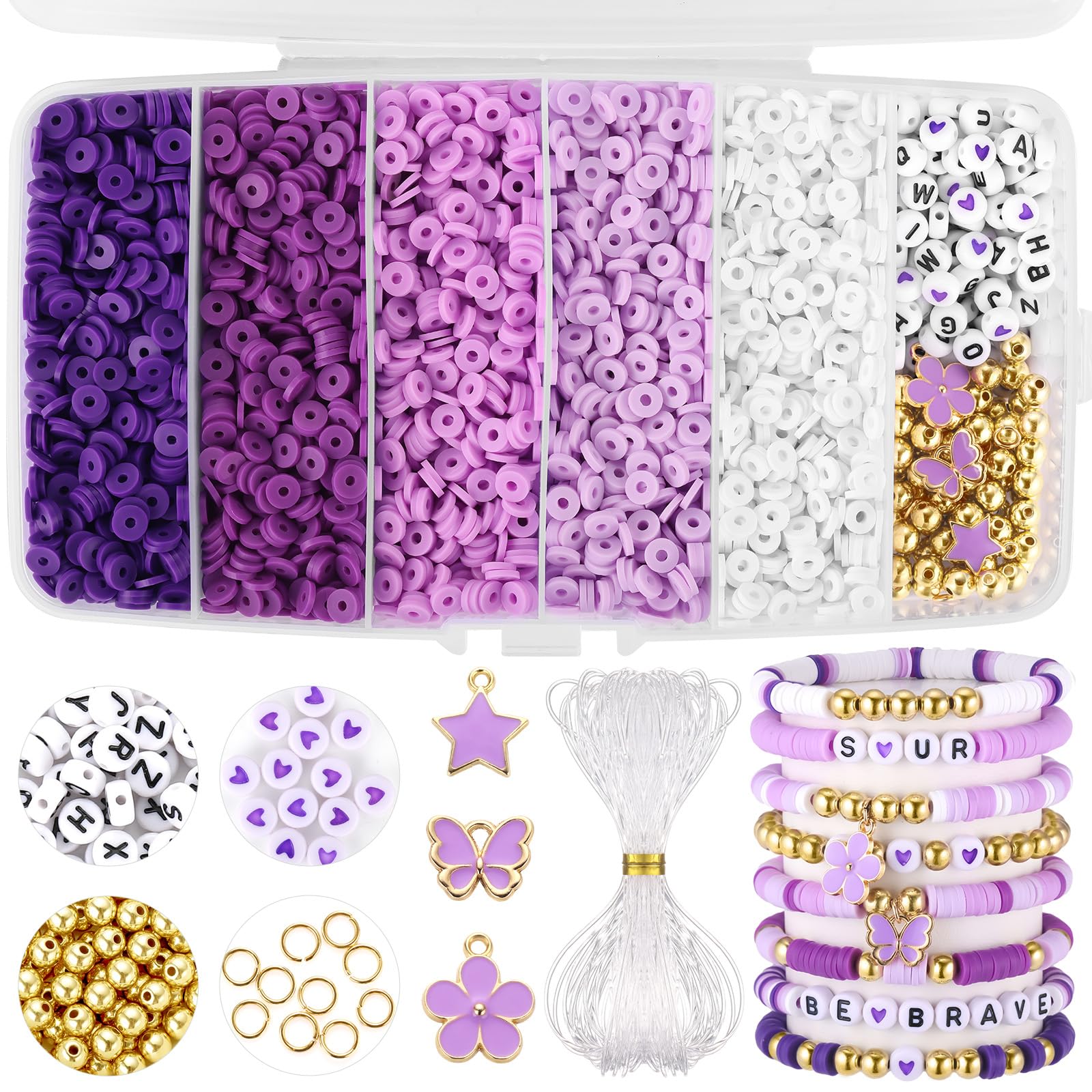 Purple Clay Beads, Purple Beads for Jewelry Making, 5000Pcs Heishi Bead for Friendship Bracelets Making Kit with Charms Letter Gold Bead, Party Birthday Gifts for Girls Women(6mm, 5 Colors) — image 1