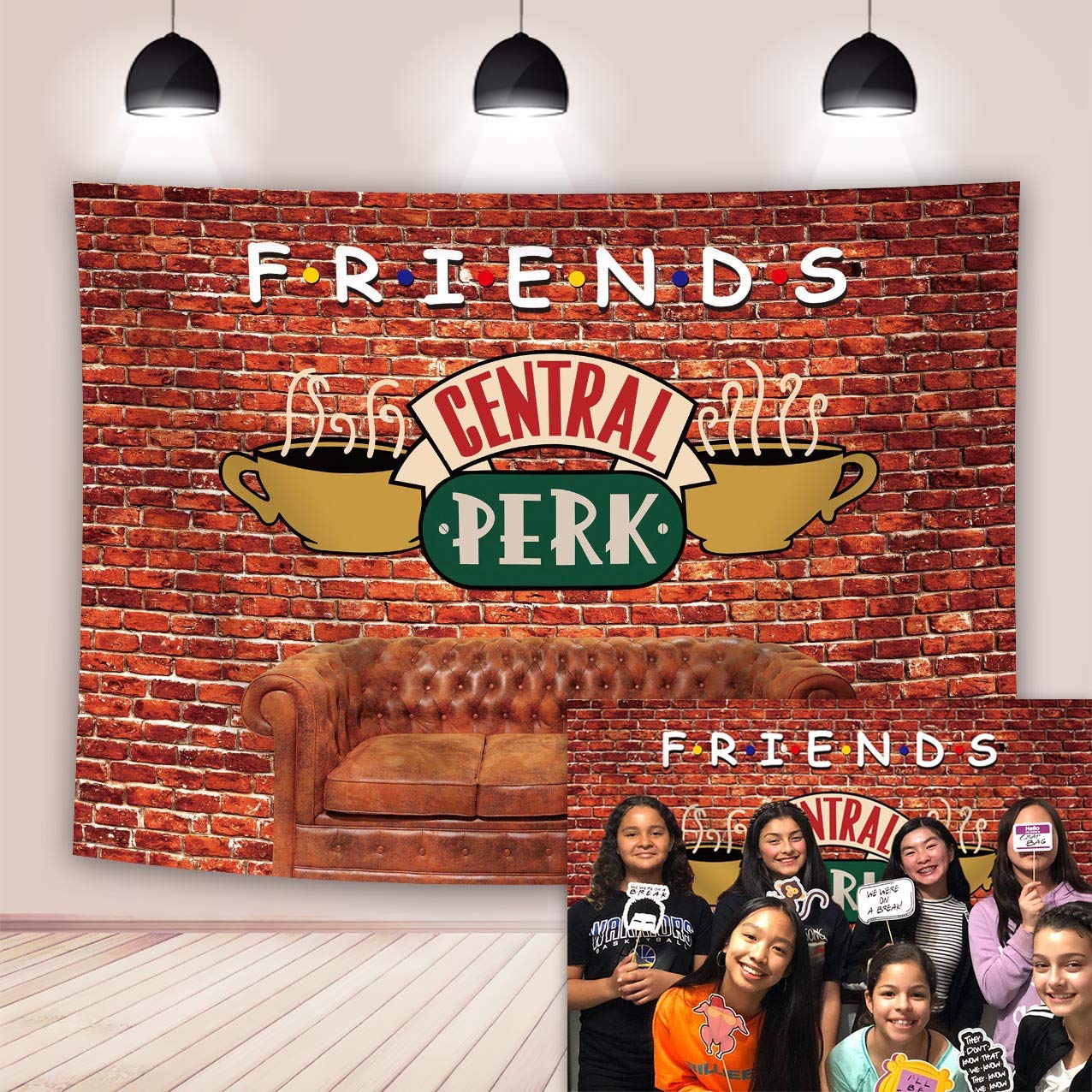 Friends Theme Photography Backdrop Red Brick Wall Sofa Coffee Shop Central Perk Pub Photo Background Photo Booths Studio Props 7X5ft Party Supplies