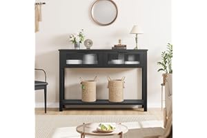 GarveeTech Modern Black Wood Console Table with Glass Drawers, 2-Tier Narrow Sofa Side Table, Storage Shelf for Entryway, Hal