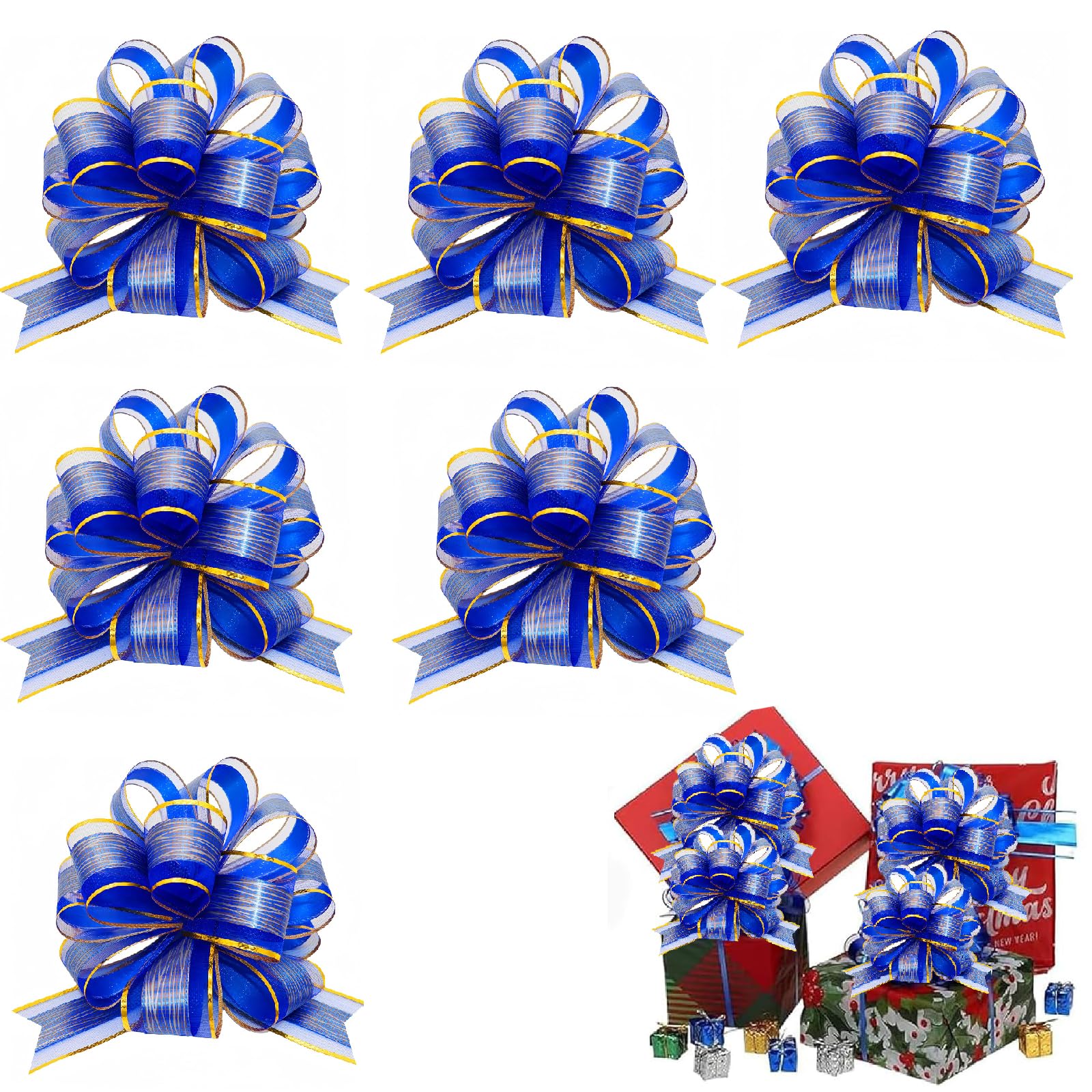 ARROMI 6 PCS Blue Bows for Gift Wrapping, Bows for Gift Wrapping, Pull Bows, Gift Bow, for Gift Wrapping, Wedding Cars, Baskets,Christmas Wrapping, Party Decorations
