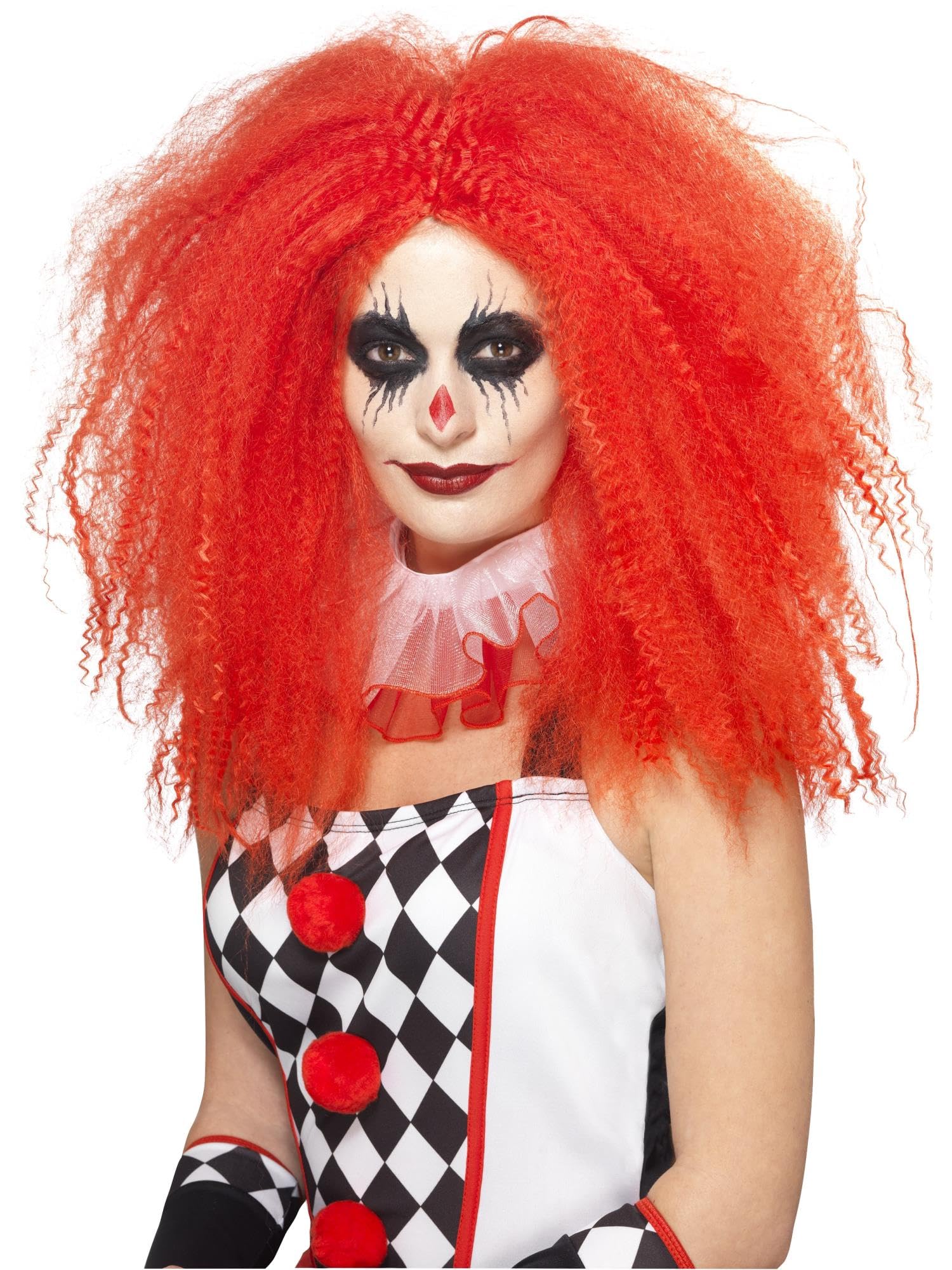 Smiffys Crimped Clown Wig, Red Voluminous Wig for Adults, Curly Circus Hairpiece, Fancy Dress Costume Accessory for Clown Outfits and Halloween