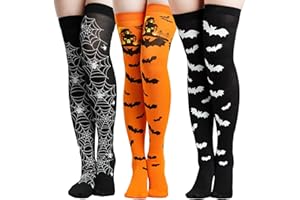 Jmkcoz 3 Pairs Halloween Socks Thigh High Long Stockings Over Knee Spider Bat Socks for Halloween Costume Cosplay Party Favor
