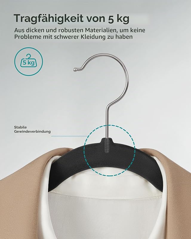 Kleiderbügel Samt, 20er Set, 41,5 cm breit, dünn, gut belastbar