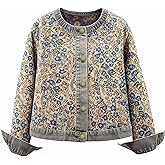 Rothstone Women's Denim Bomber Jacket Long Sleeve Round Neck Jacquard Jean Coat Vintage Coat Outerwear