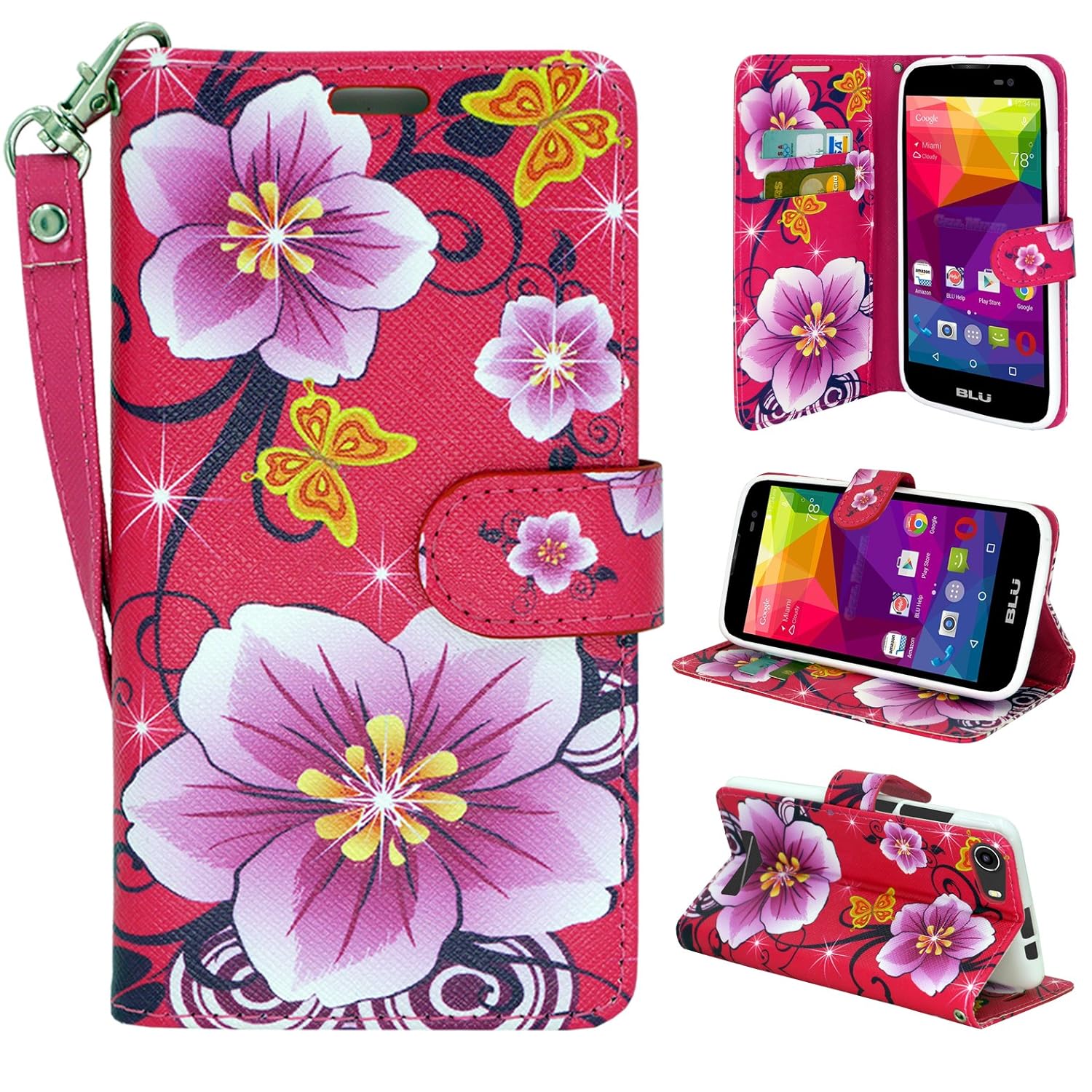 BLU Dash M Case, Customerfirst Flip Wallet Pouch, Slim Folio Case with Kickstand, 2 Credit Card Slot Hand Strap - For BLU Studio Dash M D030U Slim Folio + 1 emoji keychain (Red Hibiscus)