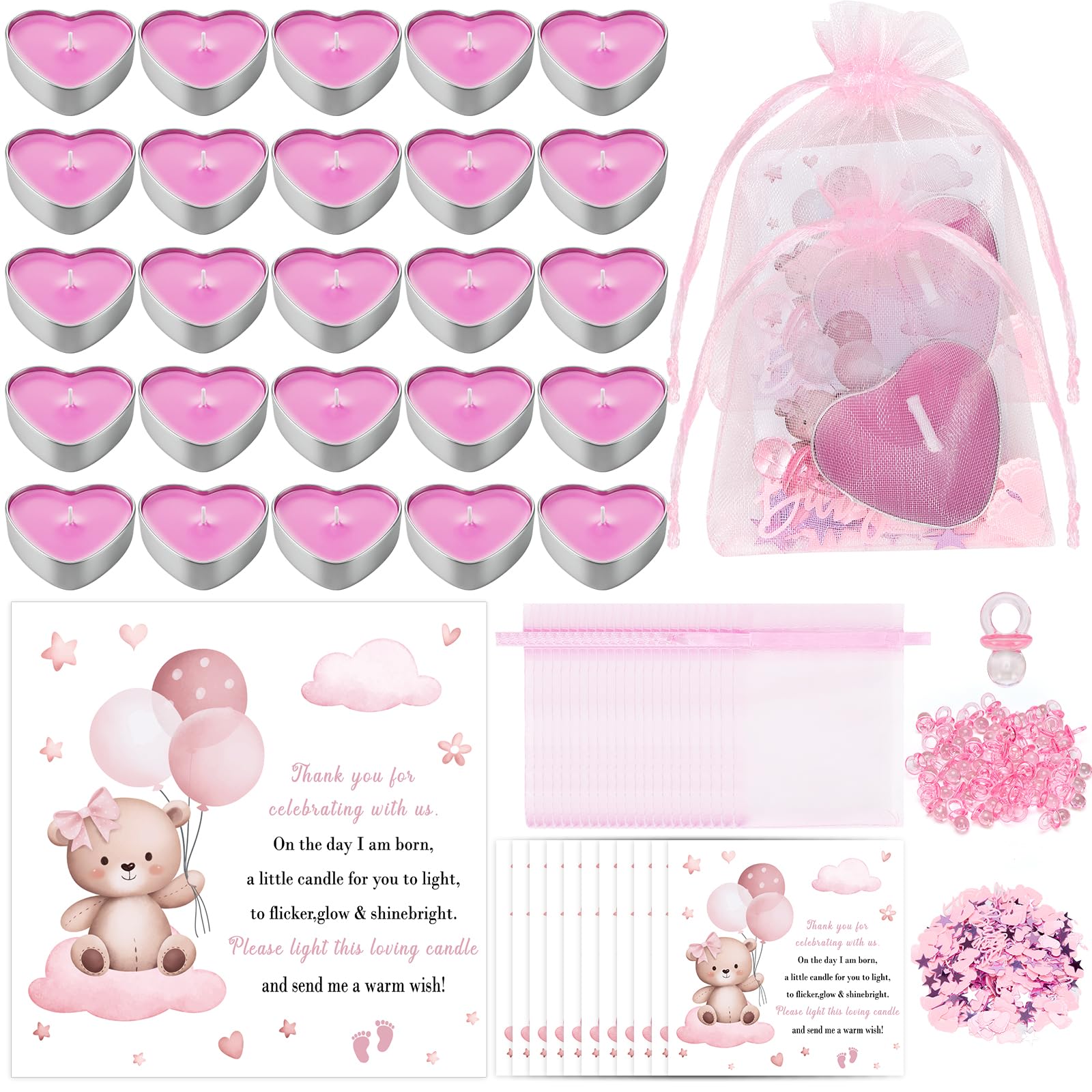 Defresit 50 Sets Baby Shower Favors Tea Light Candles for Guest Cute Girl Baby Shower Party Favors Gifts with Thank Cards Gender Reveal Party Favors (Pink)