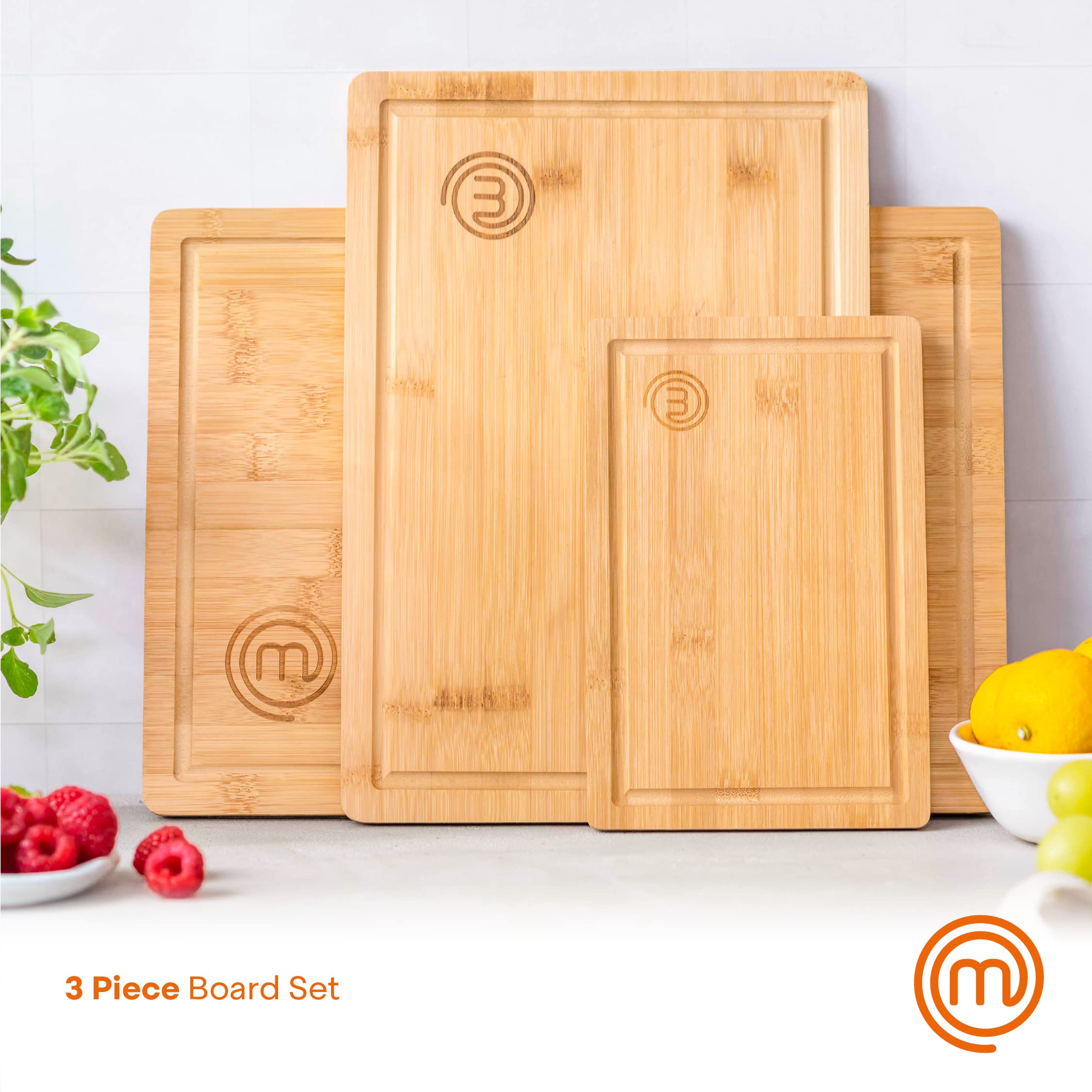MasterChef Bamboo Cutting Boards for Kitchen, Wooden Cutting Board Set of 3, Natural, Organic & Food Safe Surface, Reversible Large, Medium & Small Wooden Chopping Boards with Juice Grooves