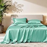 Love's cabin Full Satin Bed Linen Set, 4 Piece, Aqua, Silky Soft, Luxury Feeling, Wrinkle Resistant, Deep Pockets, Fitted &amp; Flat Sheets, 2 Pillowcases